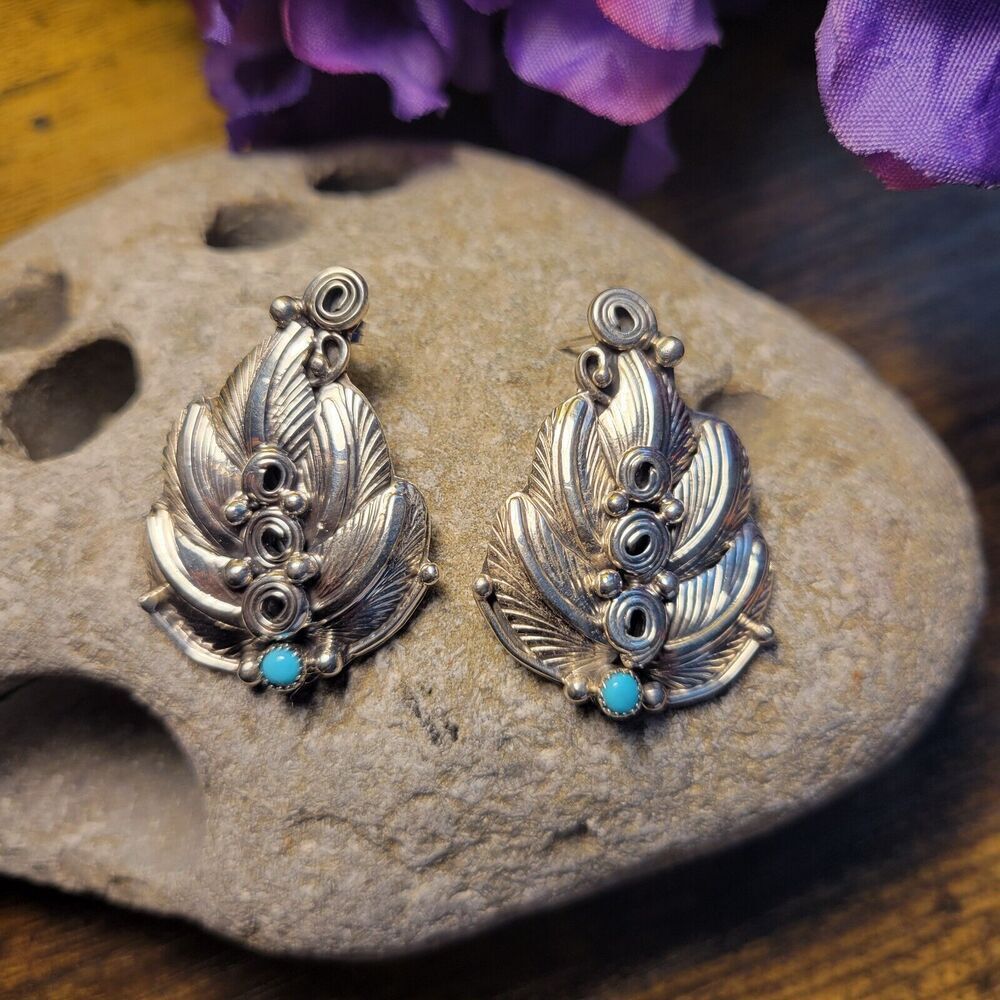Native American Navajo Sterling Silver Turquoise Leaf Post Earrings Darrell Morg
